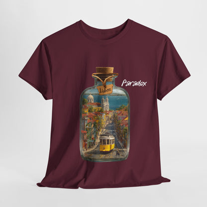 Red t-shirt of glass bottle with Lisbon
