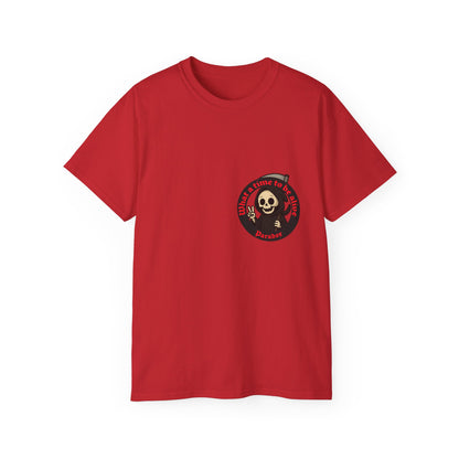 Red t-shirt with a funny design of grim reaper and text What a time to be alive