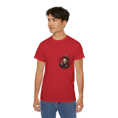 Red t-shirt with a funny design of grim reaper and text What a time to be alive male model
