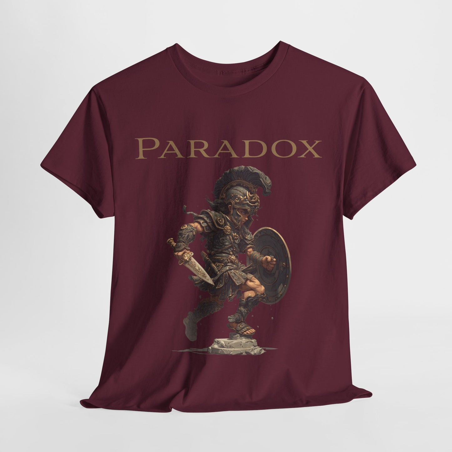 Red t-shirt with a graphic of a warrior featuring a gladiator.