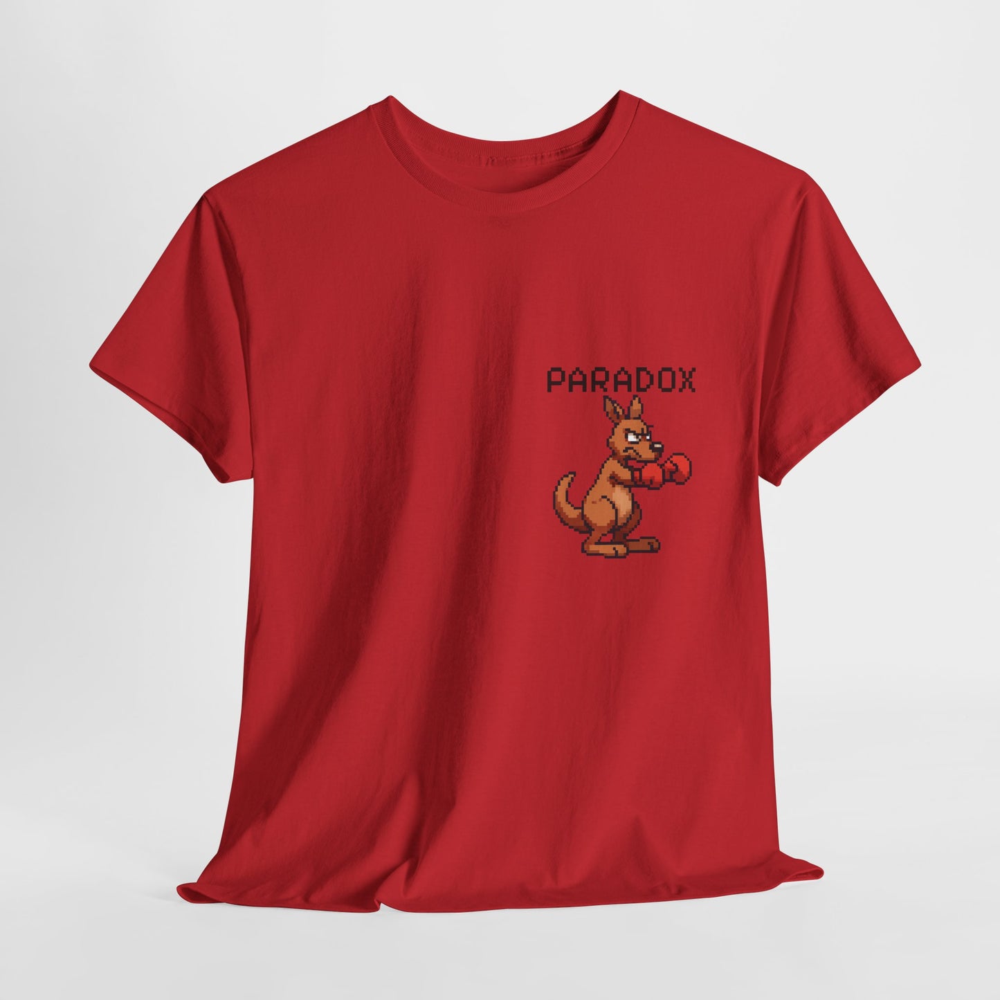 Red t-shirt with a pixel graphic of a kangaroo boxing