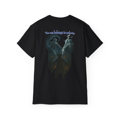 Black graphic tshirt with text The sea belongs to nobody