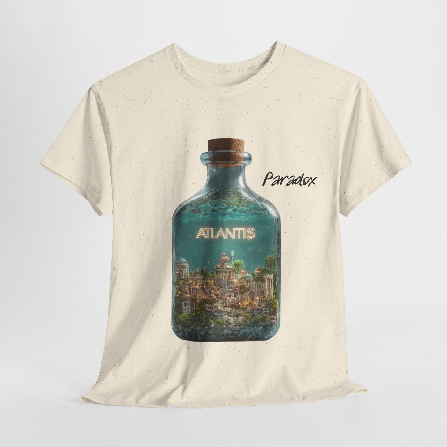 Vanilla t-shirt with a graphic of the city Atlantis.