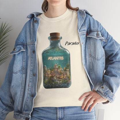Vanilla t-shirt with a graphic of the city Atlantis on a female model