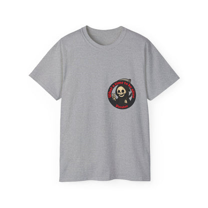Grey t-shirt with a funny design of grim reaper and text What a time to be alive