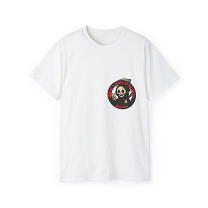 White t-shirt with a funny design of grim reaper and text What a time to be alive