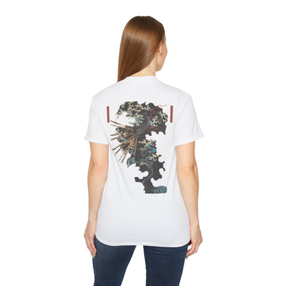 A white t-shirt with a graphic print of a dragon and Samurai design elements based on real art female model.