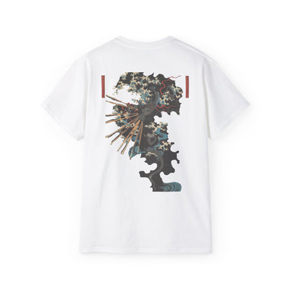 A white t-shirt with a graphic print of a dragon and Samurai design elements based on real art.