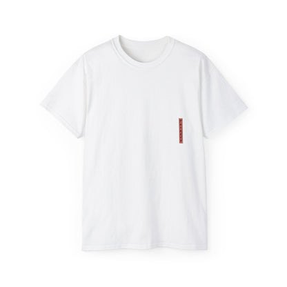 A white T-shirt with a graphic print of a dragon and Samurai design elements based on real art.
