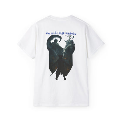 White graphic tshirt with text The sea belongs to nobody back