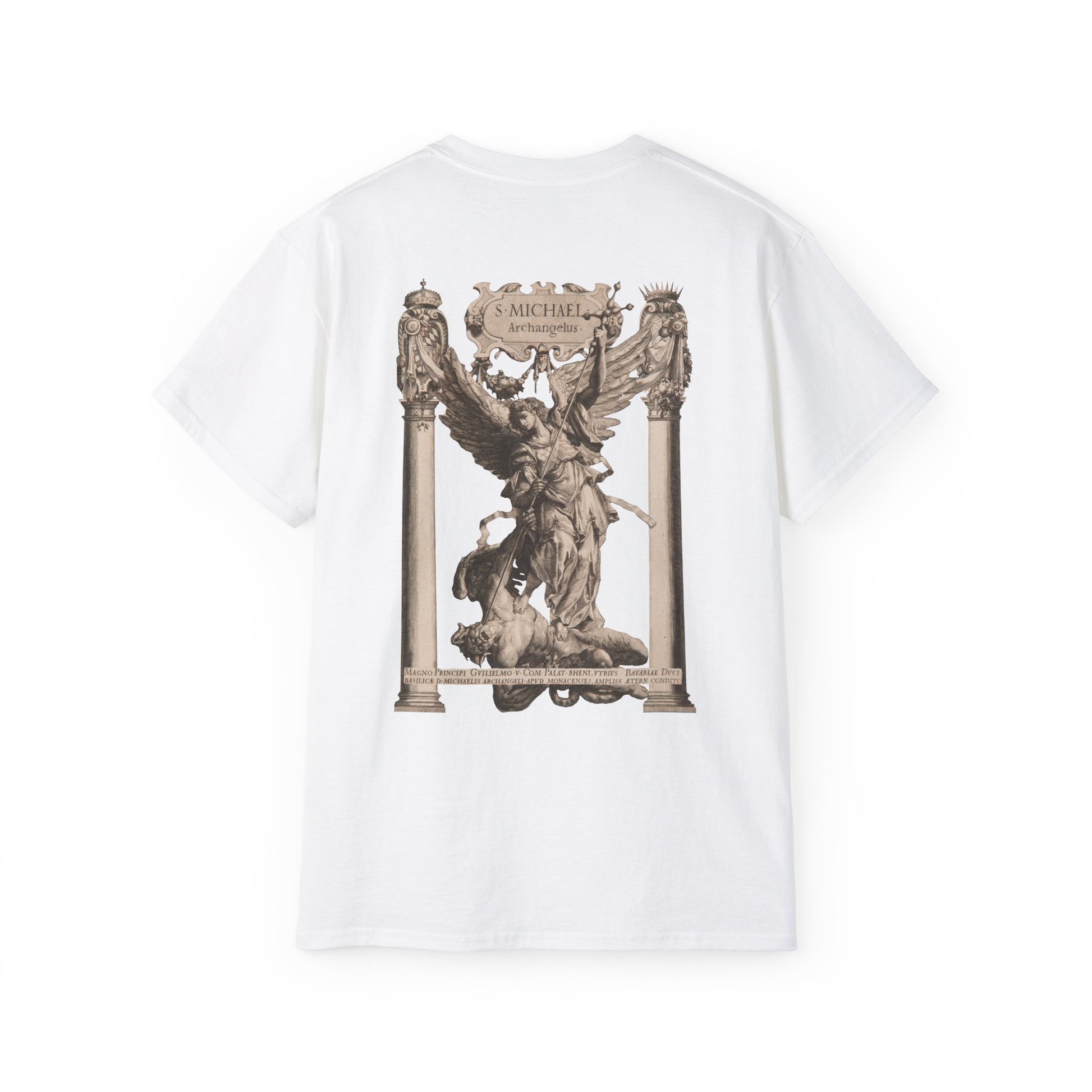 A white t-shirt featuring a graphic print of Saint Michael in in sculpture form in victory.