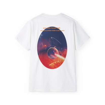 A white graphic t-shirt with the text Lava Ride and Paradox Airlines in stylized font, featuring a cosmic design.