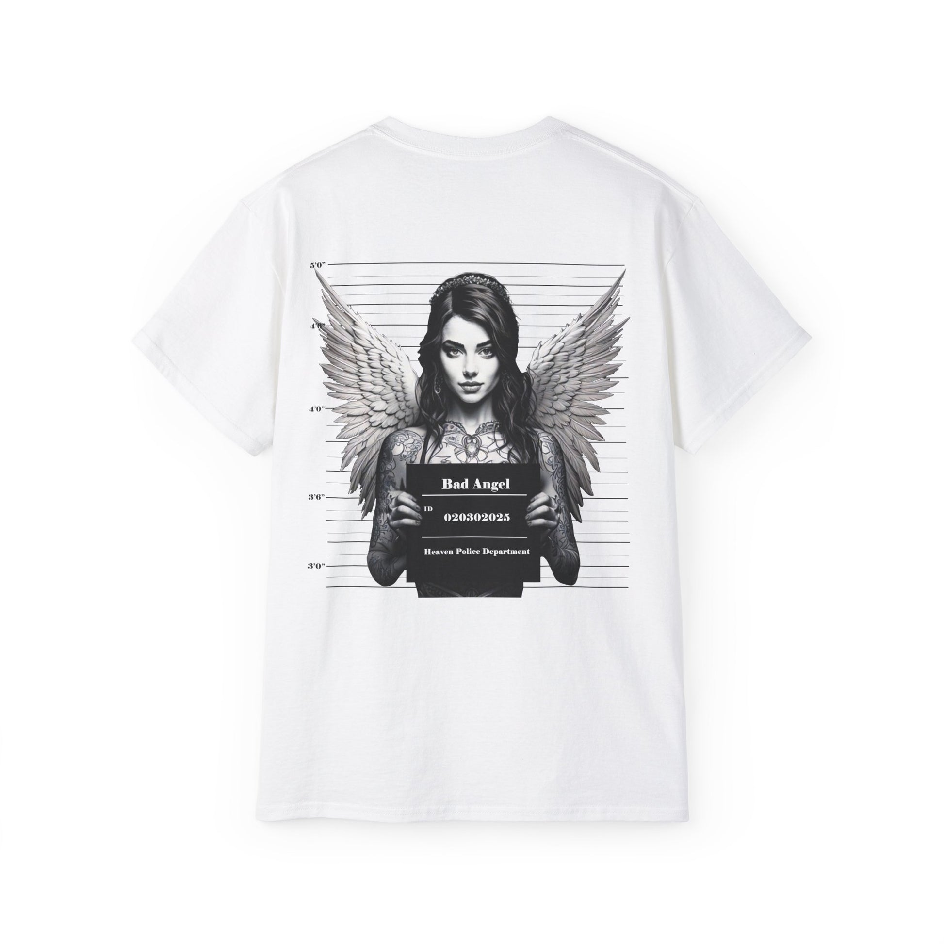 A white t-shirt featuring a graphic print of a bad angel with wings, resembling a mugshot.