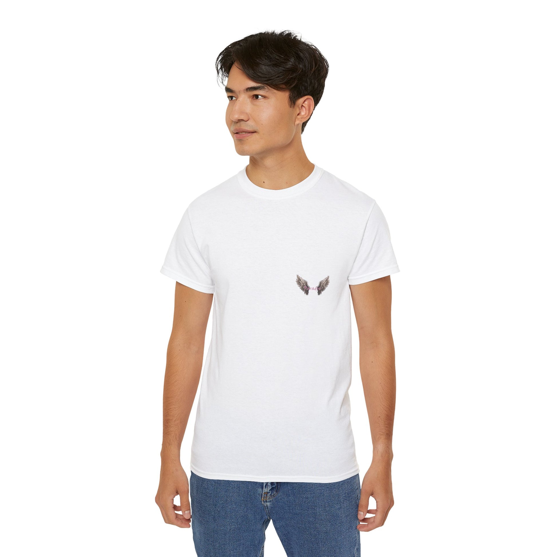 A white t-shirt featuring a graphic print of a bad angel with wings, resembling a mugshot male model.