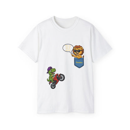 White t-shirt with a cartoon dinosaur on a motorcycle and a lion saying You are out of pocket.