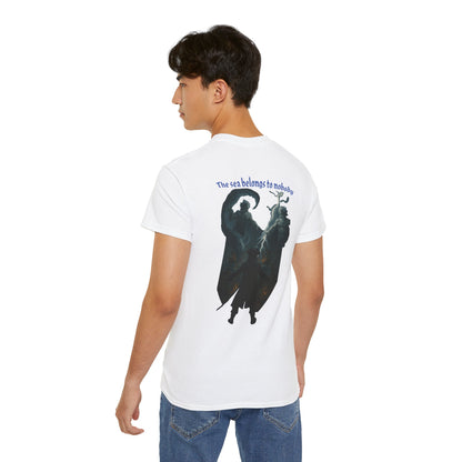 White graphic tshirt with text The sea belongs to nobody male model front