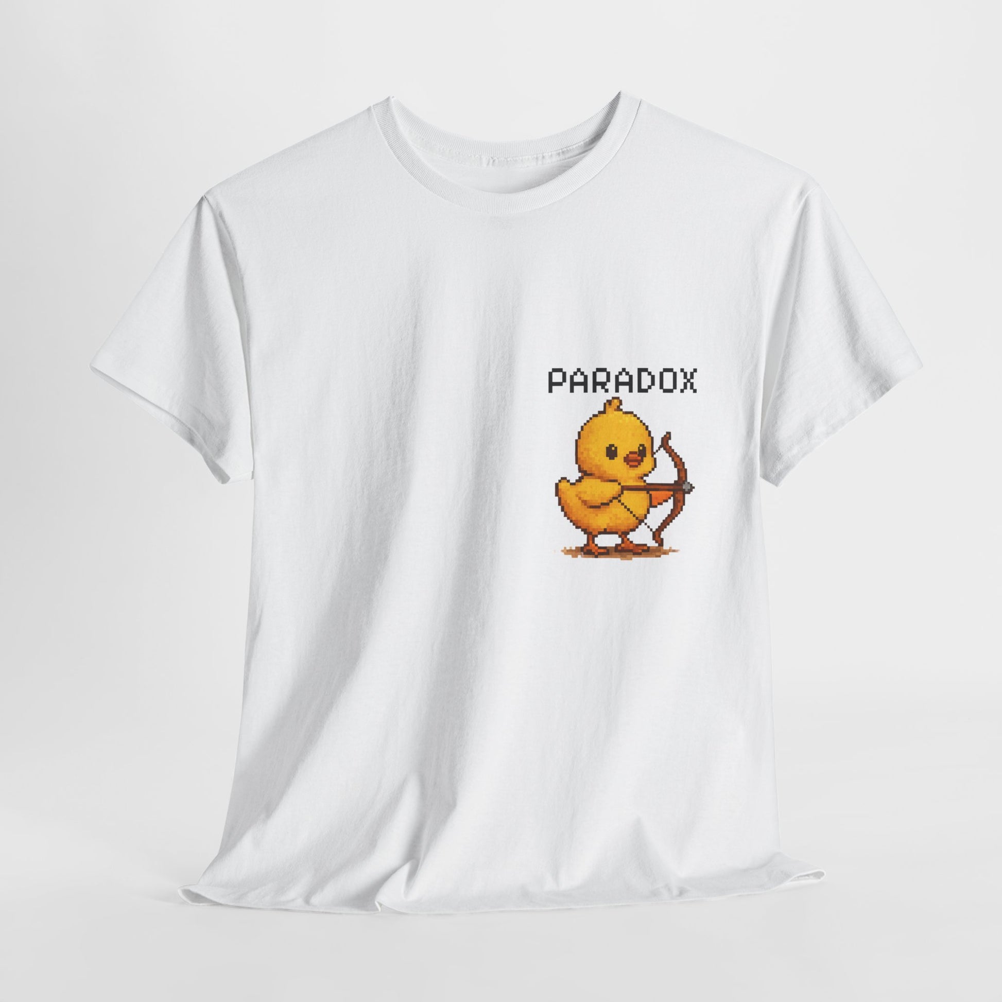 White t-shirt with a graphic pixel art of a baby chick with a bow and arrow