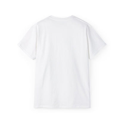 White t-shirt with a graphic pixel art of a lion playing tennis backside