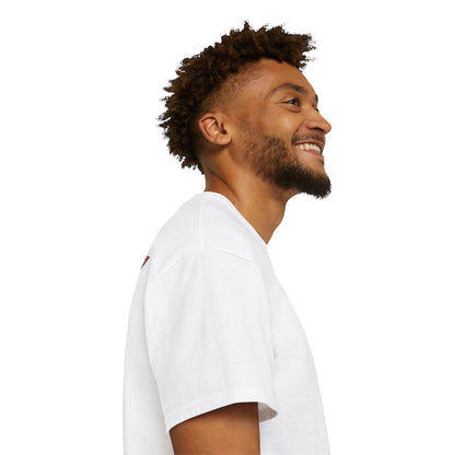 A white t-shirt with a graphic print of a dragon and Samurai design elements based on real art male model side.