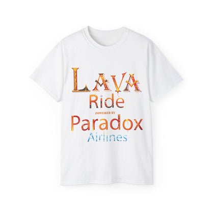 A white graphic t-shirt with the text Lava Ride and Paradox Airlines in stylized font, featuring a cosmic design.