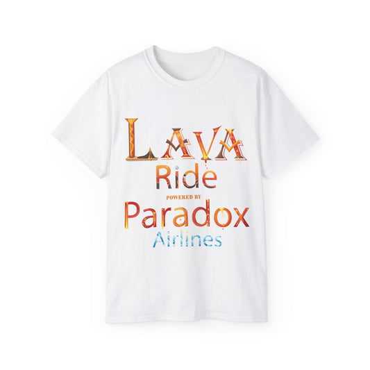 A white graphic t-shirt with the text Lava Ride and Paradox Airlines in stylized font, featuring a cosmic design.