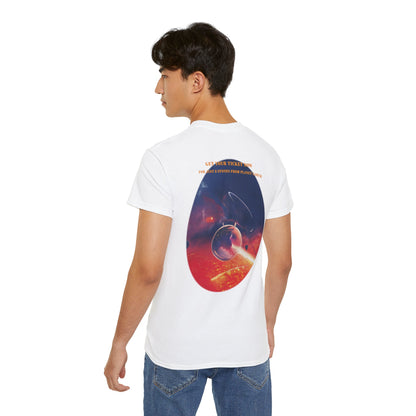 A white graphic t-shirt with the text Lava Ride and Paradox Airlines in stylized font, featuring a cosmic design on a male model.