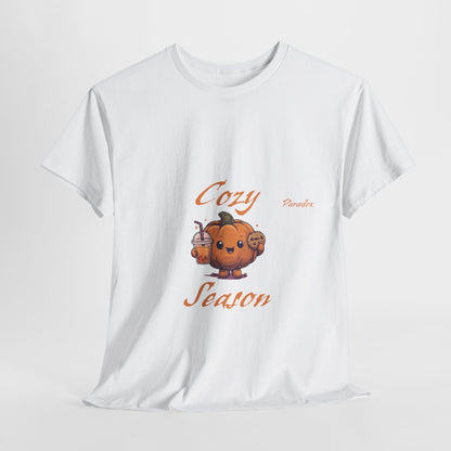 White t-shirt of a graphic cute cozy season pumpkin holding a cookie and pumpkin spice