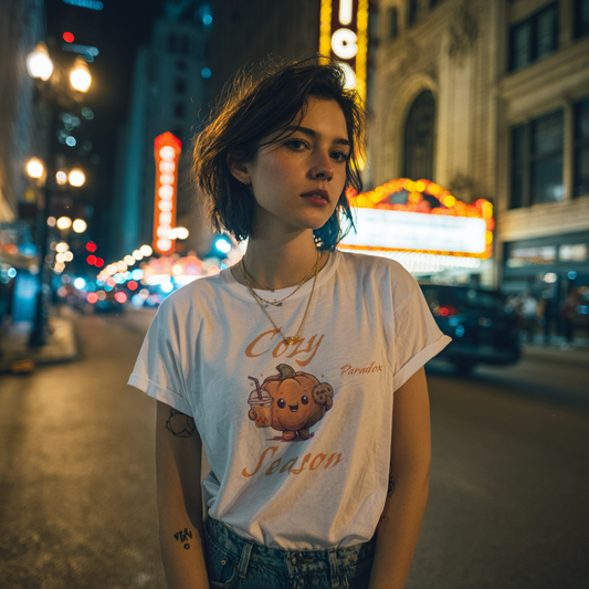 White t-shirt of a graphic cute cozy season pumpkin holding a cookie and pumpkin spice on a female model