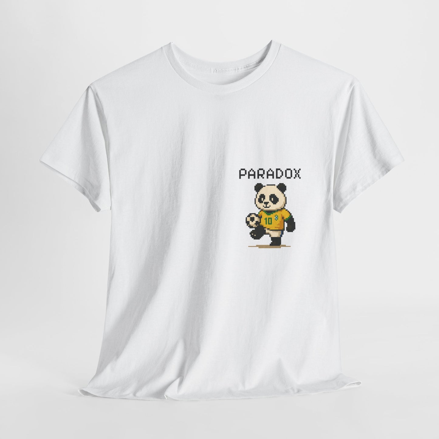 White t-shirt of a graphic pixel art panda playing soccer on a female model