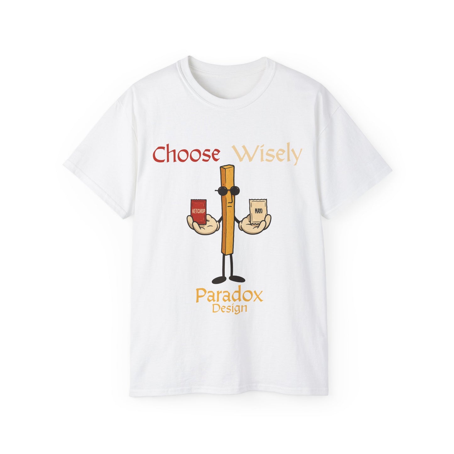 White t-shirt of fries character holding a pack of ketchup and mayo for the funny debate of which sauce to chose for fries.