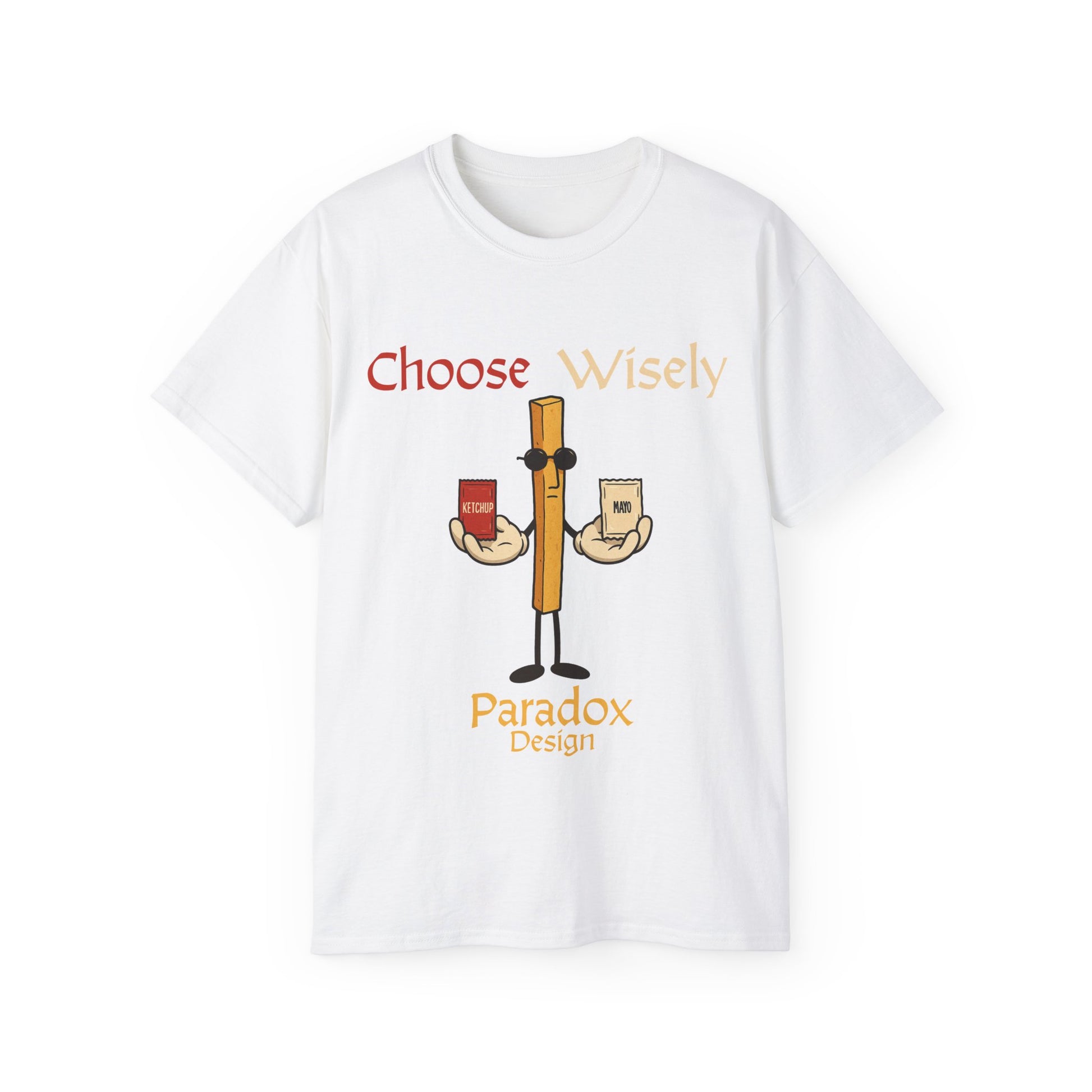 White t-shirt of fries character holding a pack of ketchup and mayo for the funny debate of which sauce to chose for fries.
