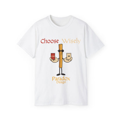 White t-shirt of fries character holding a pack of ketchup and mayo for the funny debate of which sauce to chose for fries.