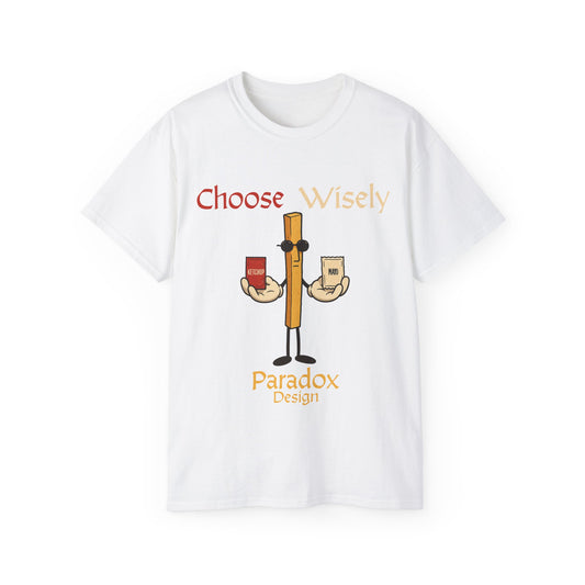 White t-shirt of fries character holding a pack of ketchup and mayo for the funny debate of which sauce to chose for fries.