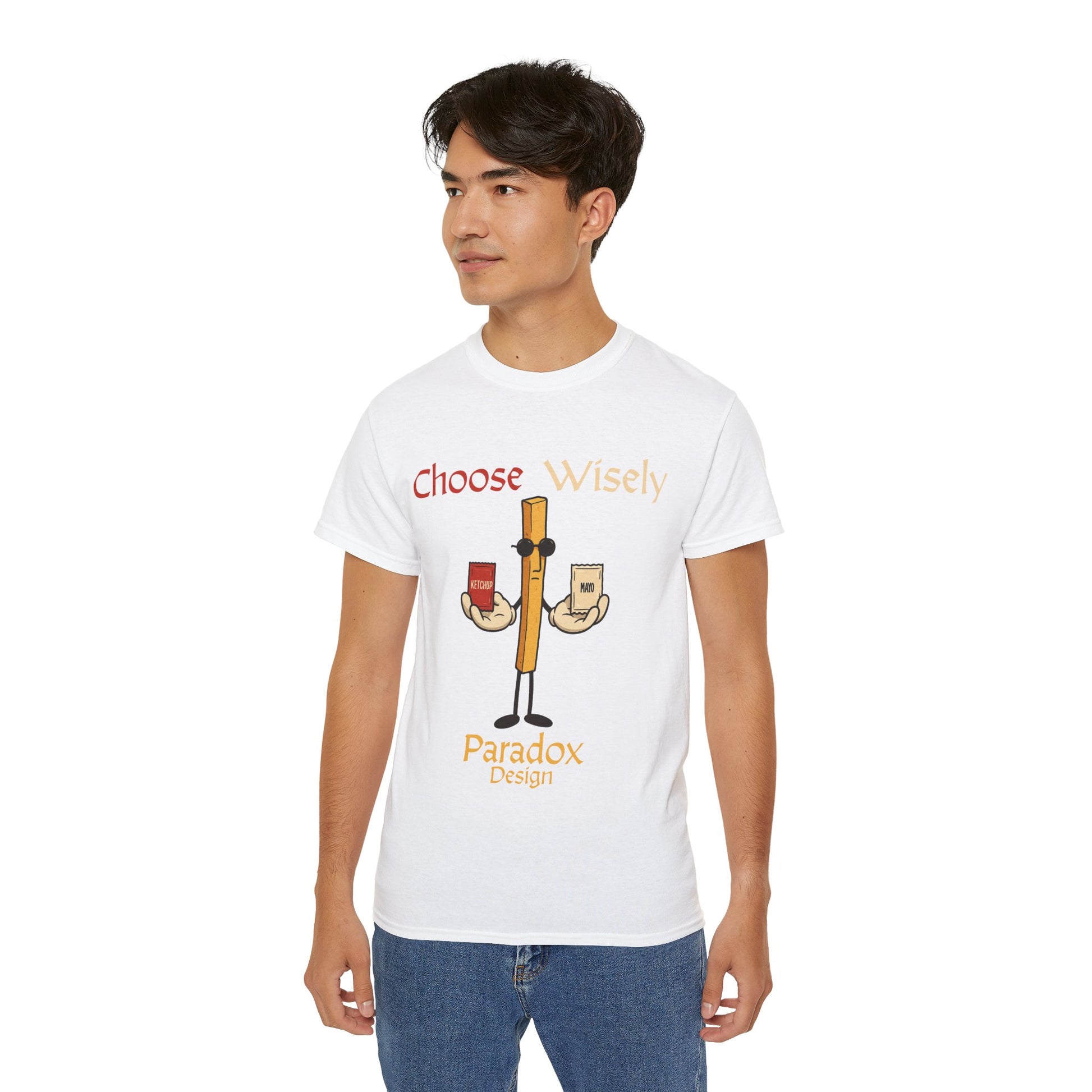 White t-shirt of fries character holding a pack of ketchup and mayo for the funny debate of which sauce to chose for fries on a male model.