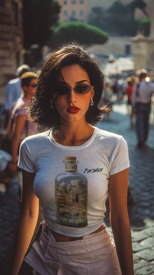 White t-shirt of graphic bottle of Rome on female model