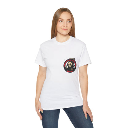 White t-shirt with a funny design of grim reaper and text What a time to be alive