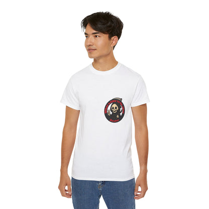 White t-shirt with a funny design of grim reaper and text What a time to be alive