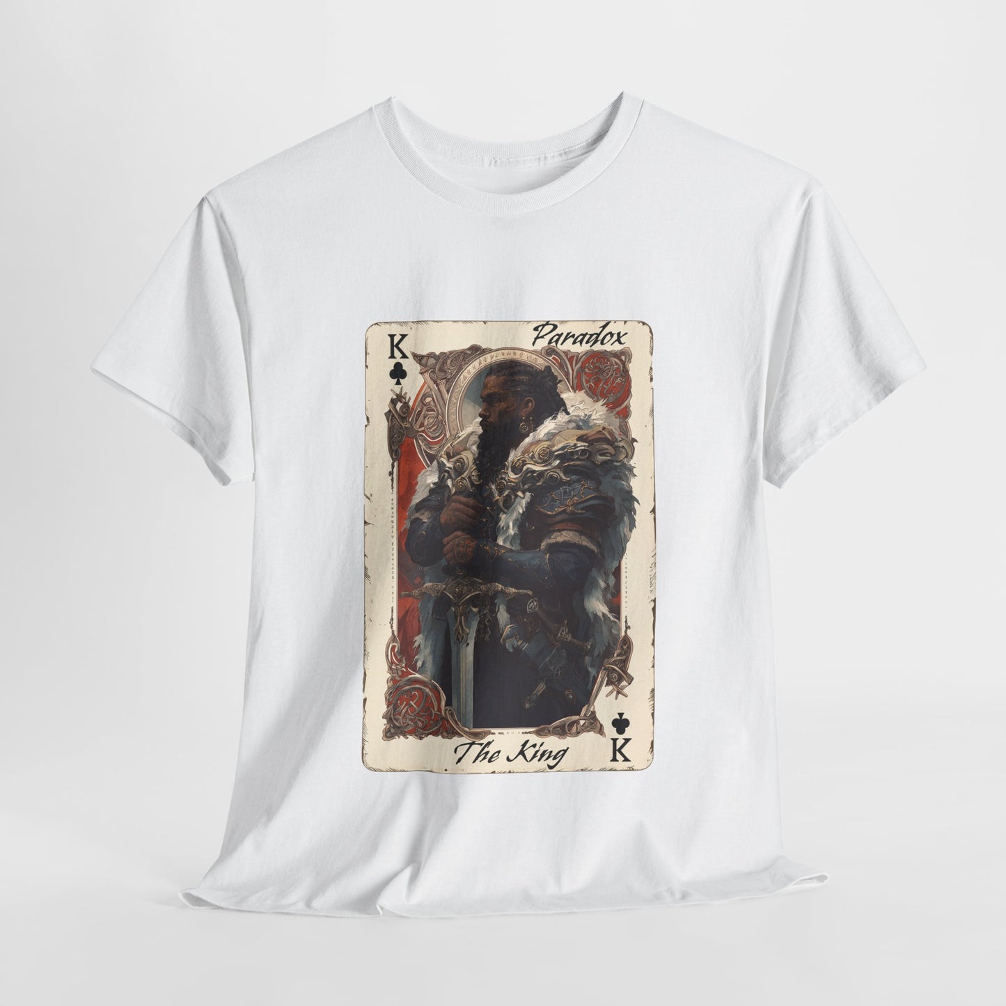 White t-shirt with a graphic of a card featuring a character and text on a white background