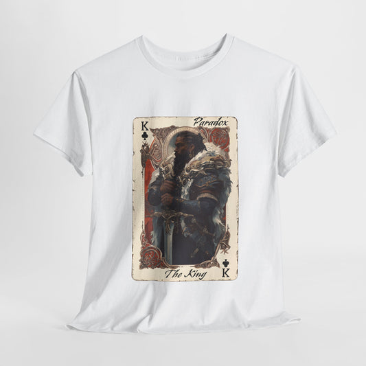 White t-shirt with a graphic of a card featuring a character and text on a white background