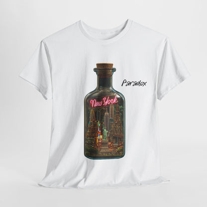 White t-shirt with a graphic of a city featuring New York
