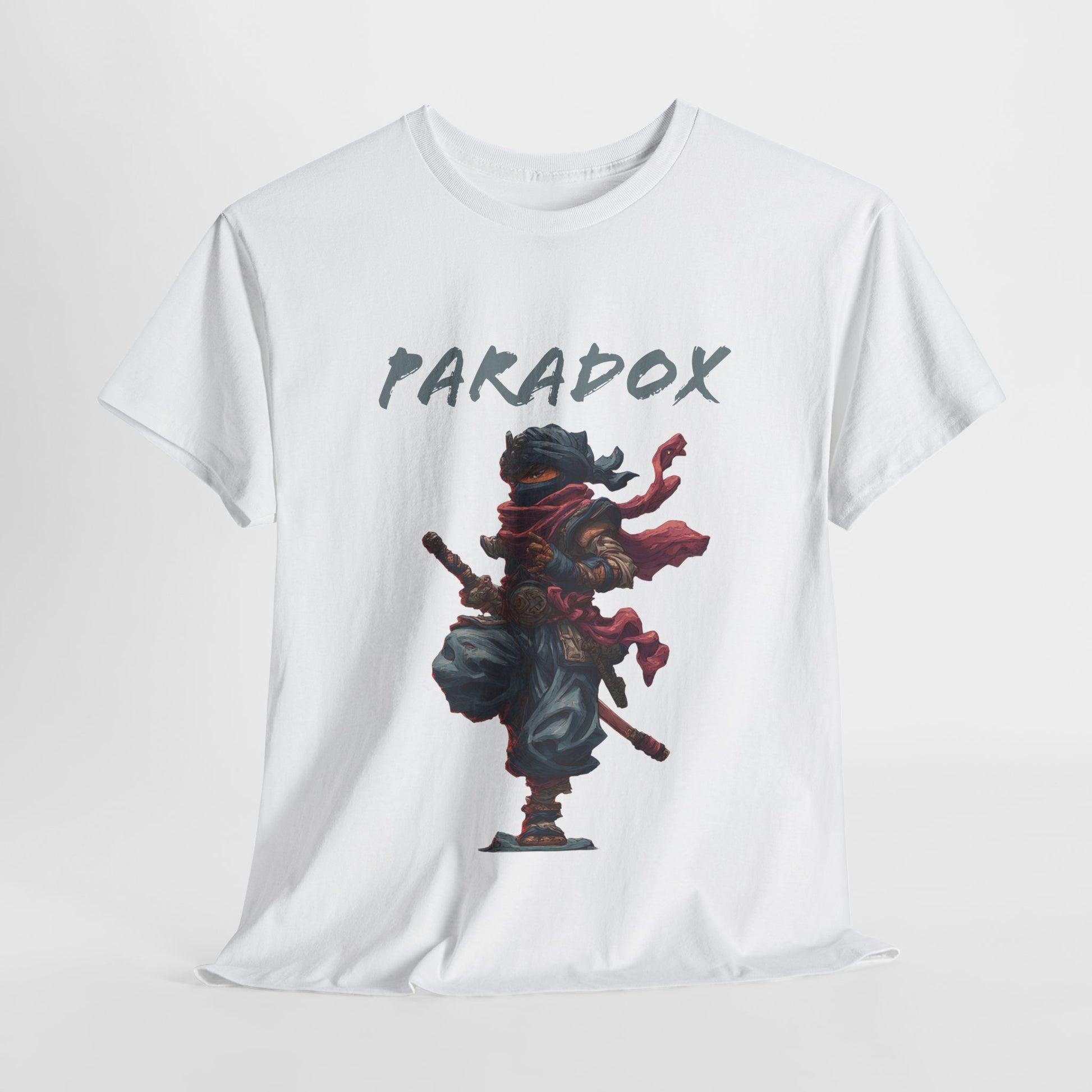 White t-shirt with a graphic of a ninja
