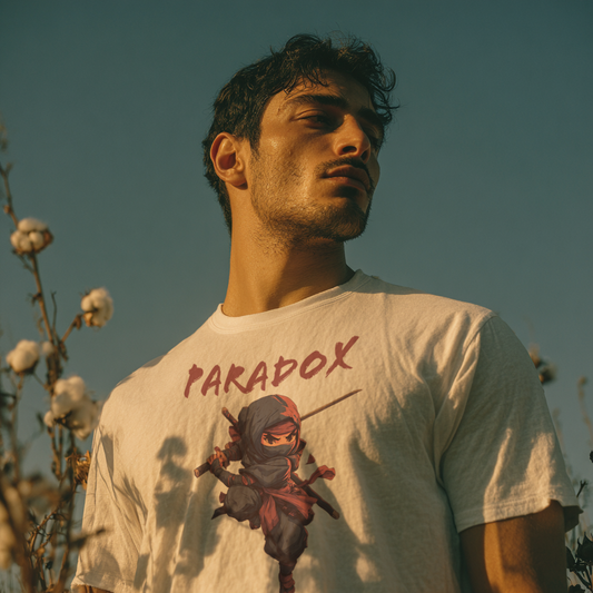 White t-shirt with a graphic of a ninja on a male model