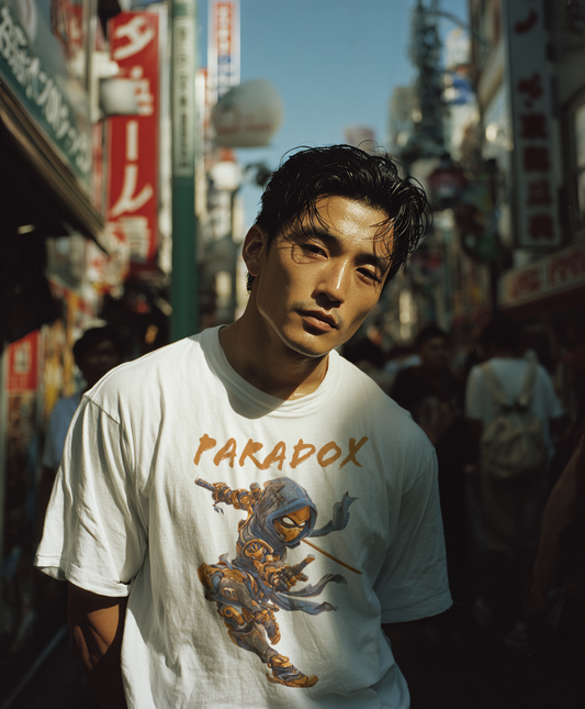 White t-shirt with a graphic of a ninja 3.0 on a male model