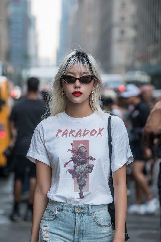 White t-shirt with a graphic of a ninja 4.0 on a female model