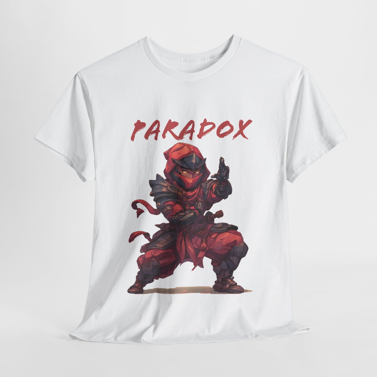 White t-shirt with a graphic of a ninja 5.0 on a male model