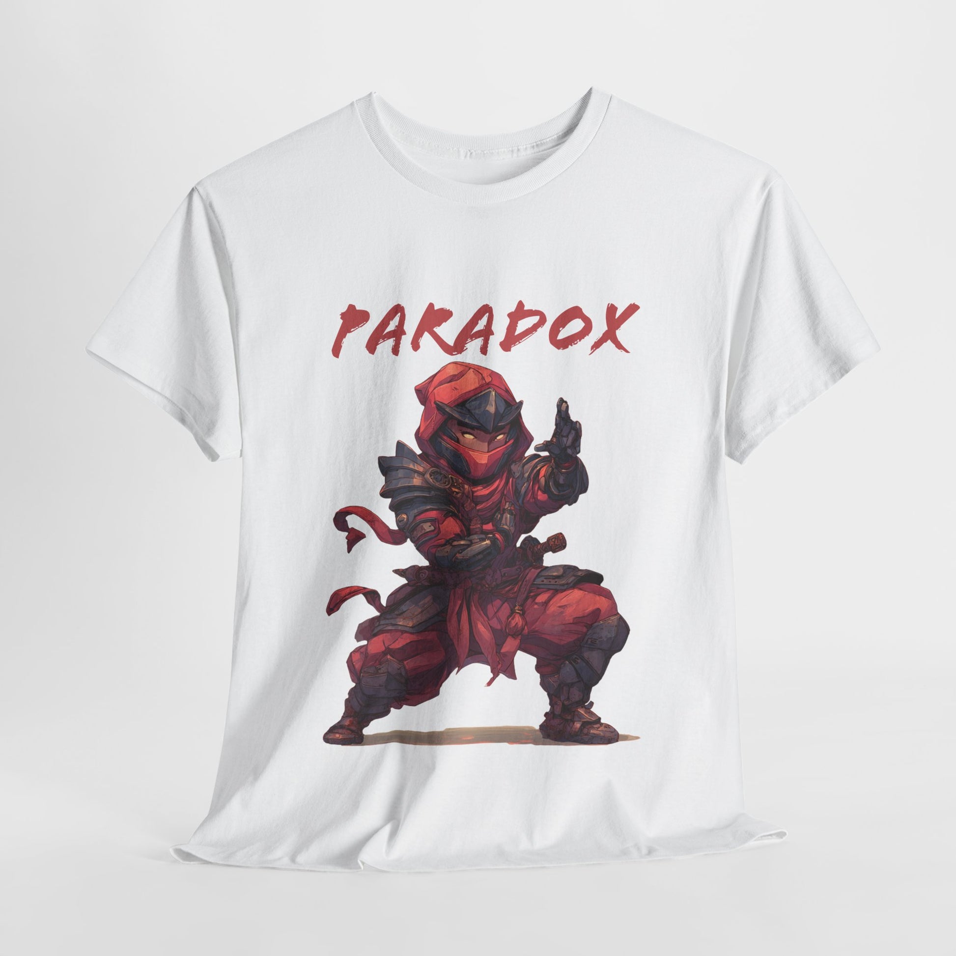 White t-shirt with a graphic of a ninja 5.0 on a male model
