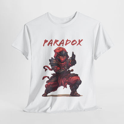 White t-shirt with a graphic of a ninja 5.0 on a male model
