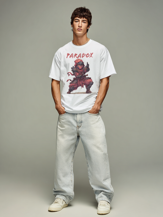 White t-shirt with a graphic of a ninja 5.0 on a male model