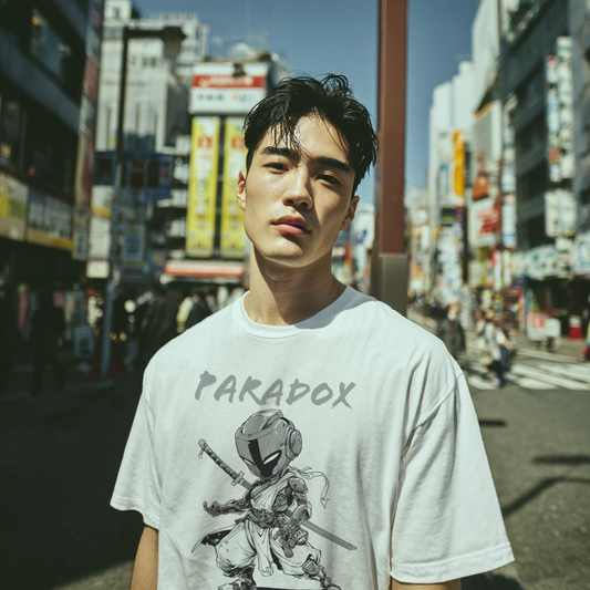 White t-shirt with a graphic of a ninja 6.0 on a male model