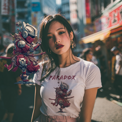 White t-shirt with a graphic of a ninja 7.0 on a female model